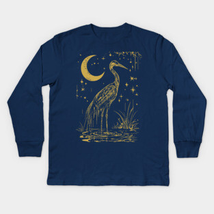 Mystical Crane by the Moon – Spiritual Bird Symbolism Kids Long Sleeve T-Shirt