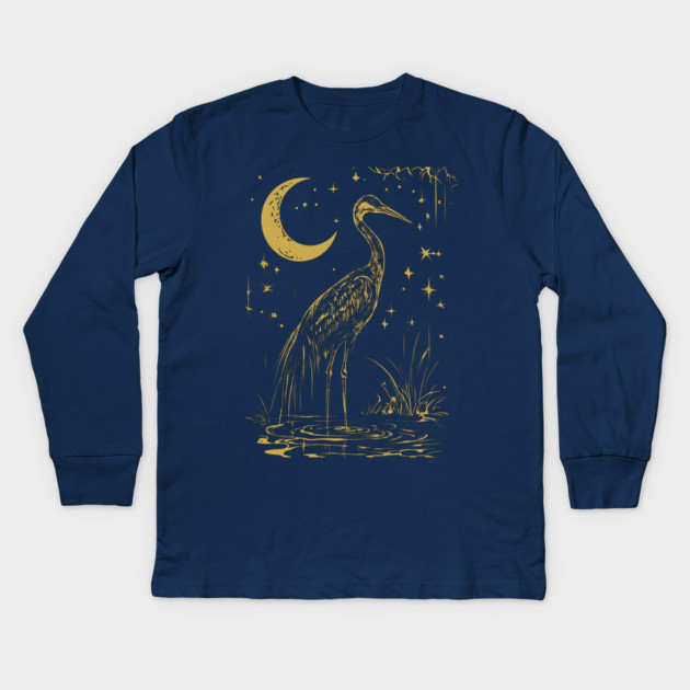 Mystical Crane by the Moon – Spiritual Bird Symbolism Kids Long Sleeve T-Shirt by TuncGK