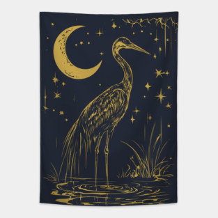 Mystical Crane by the Moon – Spiritual Bird Symbolism Tapestry