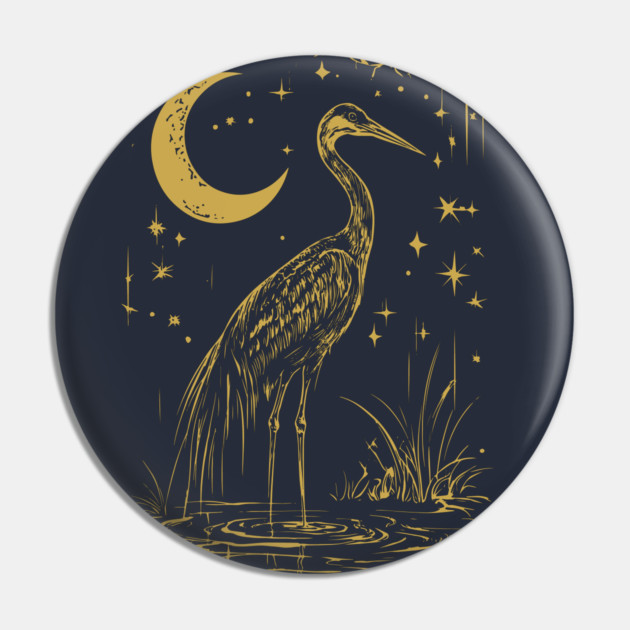 Mystical Crane by the Moon – Spiritual Bird Symbolism Pin by TuncGK