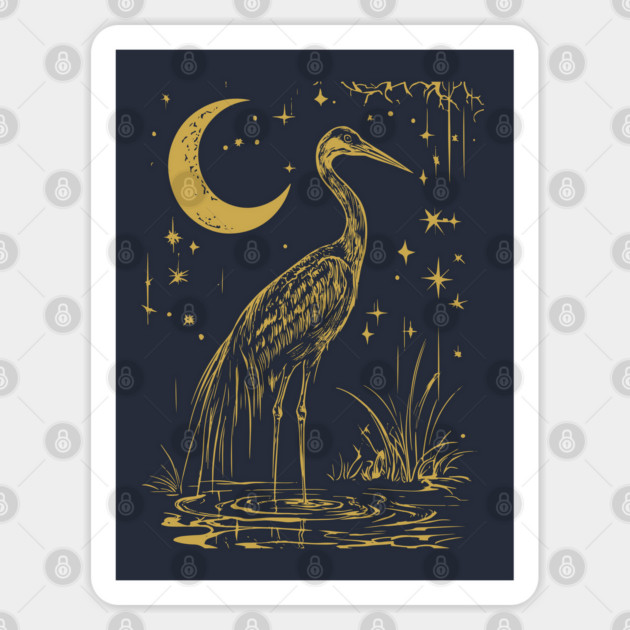 Mystical Crane by the Moon – Spiritual Bird Symbolism Sticker by TuncGK