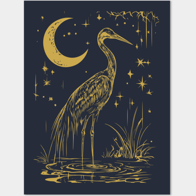 Mystical Crane by the Moon – Spiritual Bird Symbolism Wall Art by TuncGK