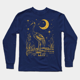Elegant Moonlit Waterbird – Celestial Avian Serenity Long Sleeve T-Shirt