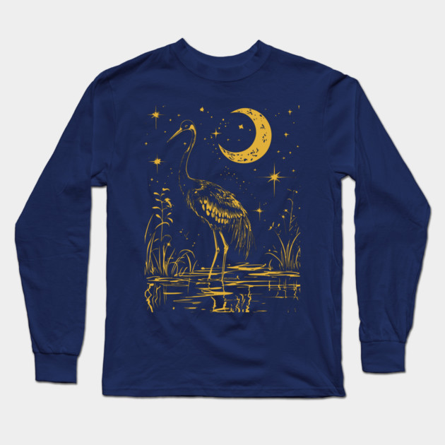 Elegant Moonlit Waterbird – Celestial Avian Serenity Long Sleeve T-Shirt by TuncGK