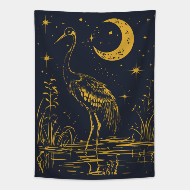 Elegant Moonlit Waterbird – Celestial Avian Serenity Tapestry by TuncGK