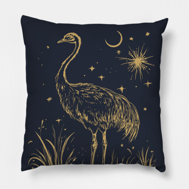 Moonlit Ostrich – Mystical Desert Guardian Under Starry Skies Pillow by TuncGK