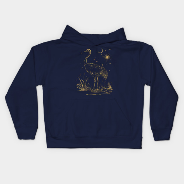 Moonlit Ostrich – Mystical Desert Guardian Under Starry Skies Kids Hoodie by TuncGK