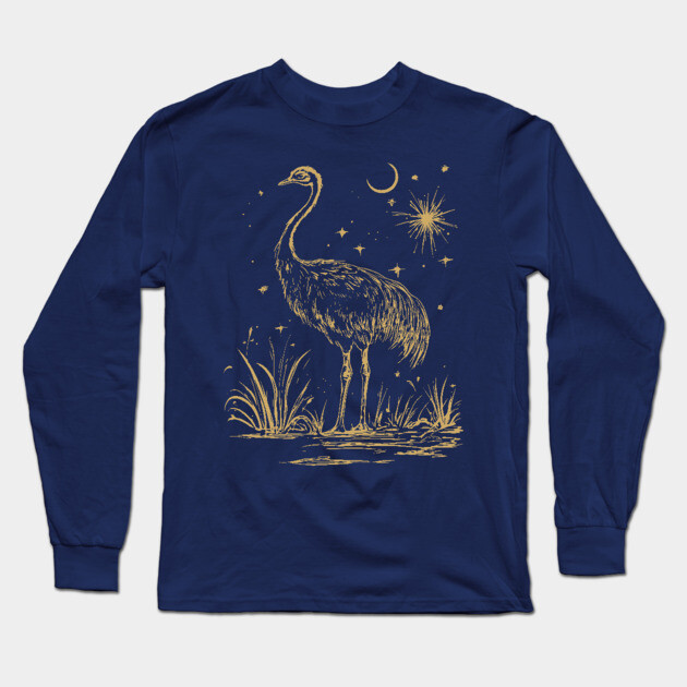 Moonlit Ostrich – Mystical Desert Guardian Under Starry Skies Long Sleeve T-Shirt by TuncGK