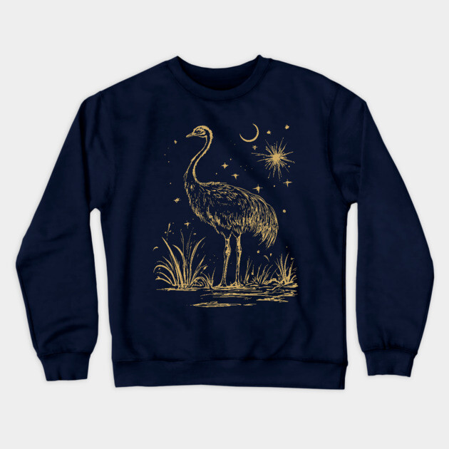 Moonlit Ostrich – Mystical Desert Guardian Under Starry Skies Crewneck Sweatshirt by TuncGK