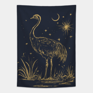 Moonlit Ostrich – Mystical Desert Guardian Under Starry Skies Tapestry