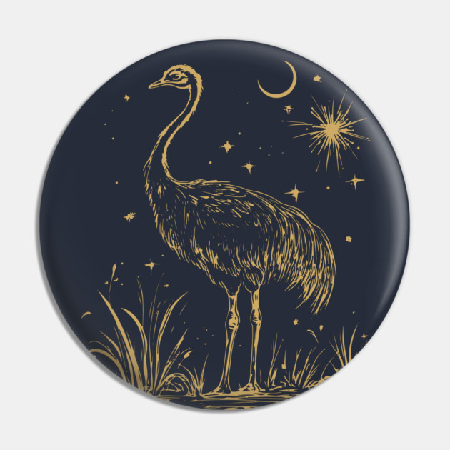 Moonlit Ostrich – Mystical Desert Guardian Under Starry Skies Pin by TuncGK