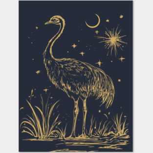 Moonlit Ostrich – Mystical Desert Guardian Under Starry Skies Posters and Art