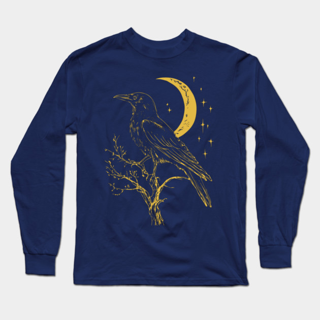 Mystical Raven and Moon – Celestial Symbol of Wisdom Long Sleeve T-Shirt by TuncGK