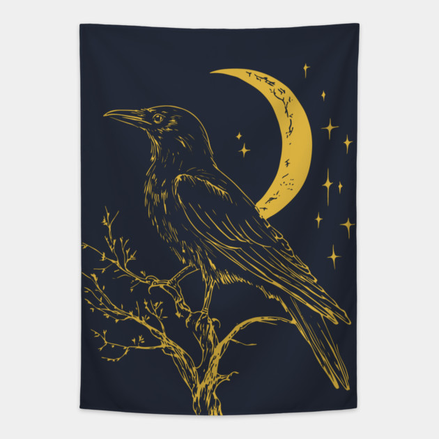Mystical Raven and Moon – Celestial Symbol of Wisdom Tapestry by TuncGK