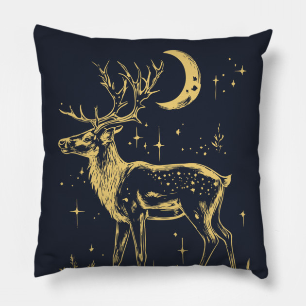 Celestial Reindeer Under Starlit Sky – Winter Mystic Art Pillow by TuncGK
