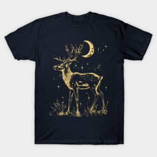Celestial Reindeer Under Starlit Sky – Winter Mystic Art T-Shirt