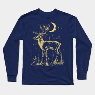 Celestial Reindeer Under Starlit Sky – Winter Mystic Art Long Sleeve T-Shirt