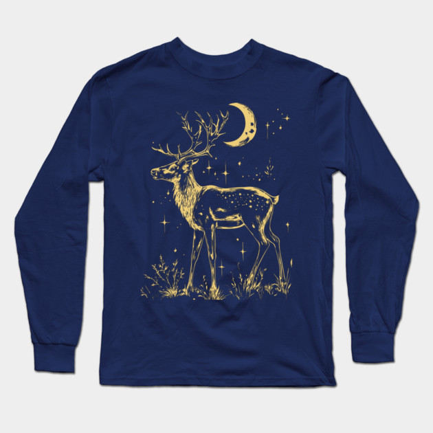 Celestial Reindeer Under Starlit Sky – Winter Mystic Art Long Sleeve T-Shirt by TuncGK