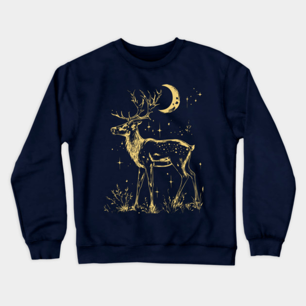 Celestial Reindeer Under Starlit Sky – Winter Mystic Art Crewneck Sweatshirt by TuncGK