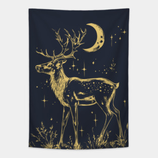 Celestial Reindeer Under Starlit Sky – Winter Mystic Art Tapestry