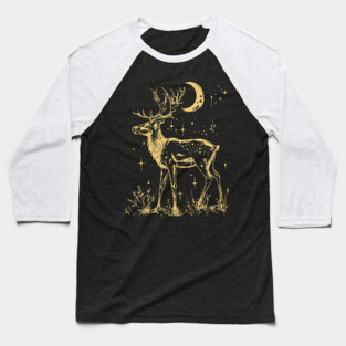 Celestial Reindeer Under Starlit Sky – Winter Mystic Art Baseball T-Shirt