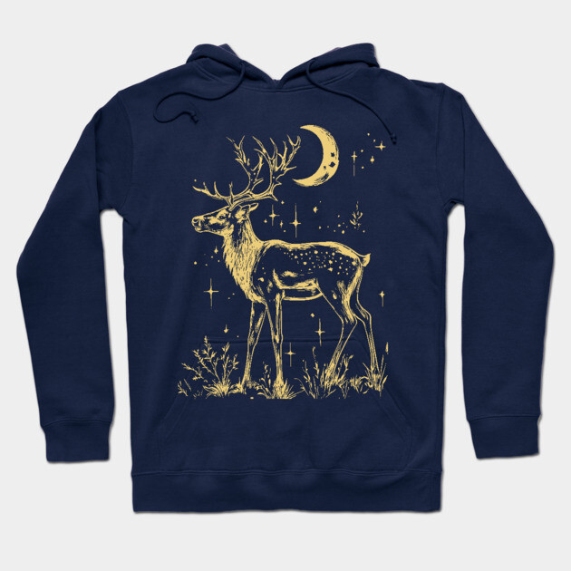 Celestial Reindeer Under Starlit Sky – Winter Mystic Art Hoodie by TuncGK