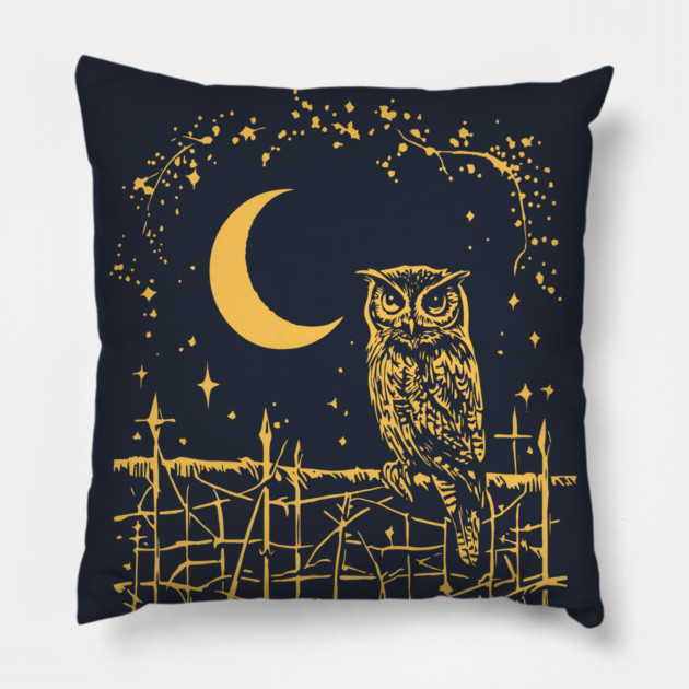 Celestial Barn Owl Perched Under the Moon – Mystical Night Guardian Pillow by TuncGK