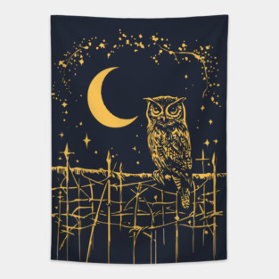 Celestial Barn Owl Perched Under the Moon – Mystical Night Guardian Tapestry