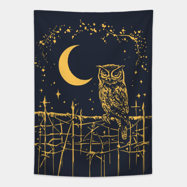 Celestial Barn Owl Perched Under the Moon – Mystical Night Guardian Tapestry by TuncGK