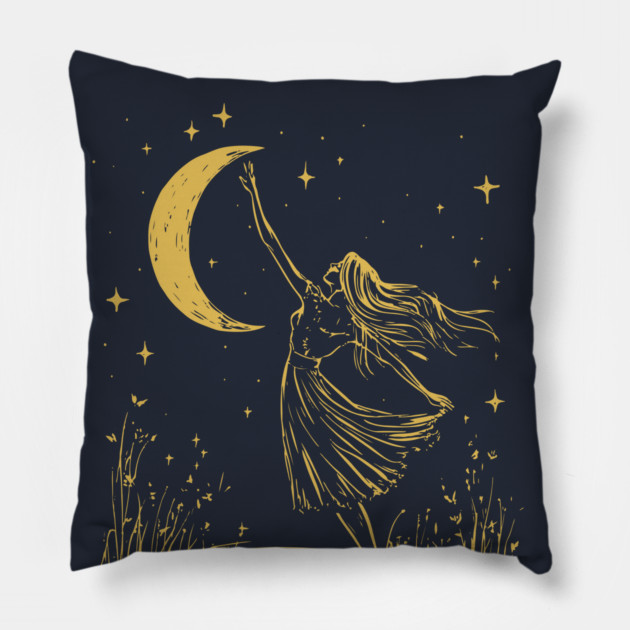 Mystical Woman Reaching for the Moon – Celestial Dreams Pillow by TuncGK