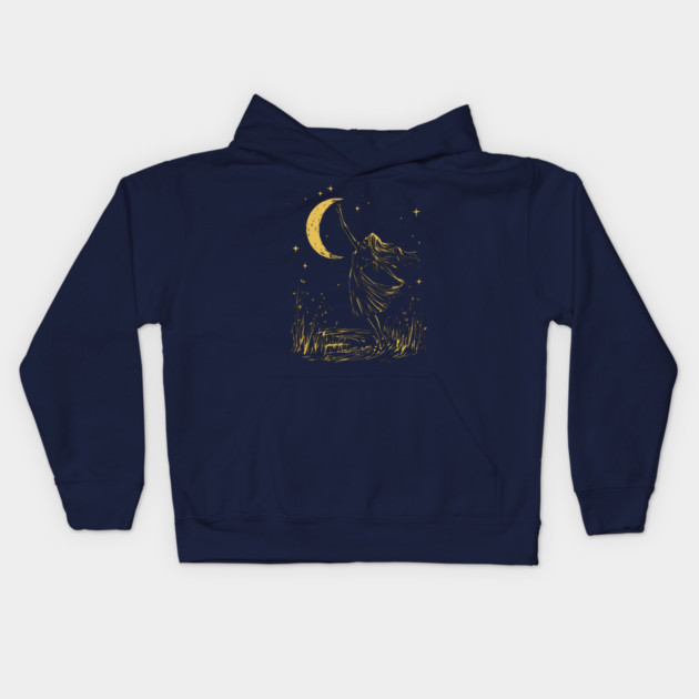 Mystical Woman Reaching for the Moon – Celestial Dreams Kids Hoodie by TuncGK
