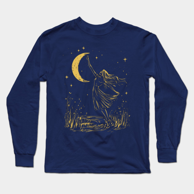 Mystical Woman Reaching for the Moon – Celestial Dreams Long Sleeve T-Shirt by TuncGK