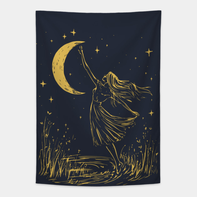 Mystical Woman Reaching for the Moon – Celestial Dreams Tapestry by TuncGK