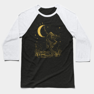 Mystical Woman Reaching for the Moon – Celestial Dreams Baseball T-Shirt