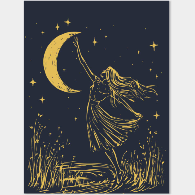Mystical Woman Reaching for the Moon – Celestial Dreams Wall Art by TuncGK