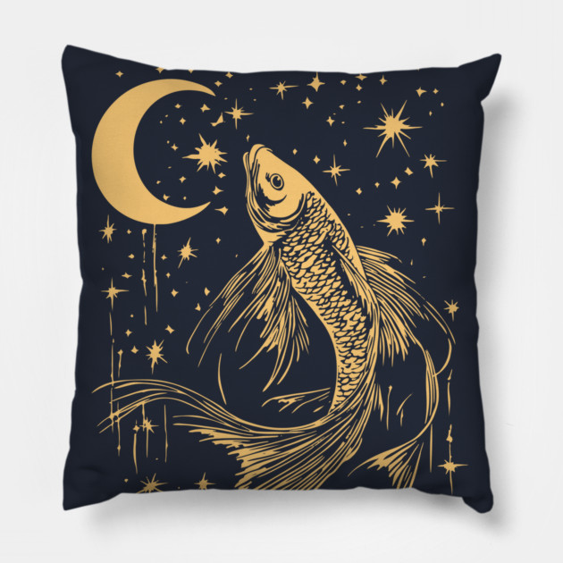 Celestial Goldfish Floating in the Night – Mystic Water Spirit Pillow by TuncGK
