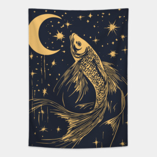 Celestial Goldfish Floating in the Night – Mystic Water Spirit Tapestry