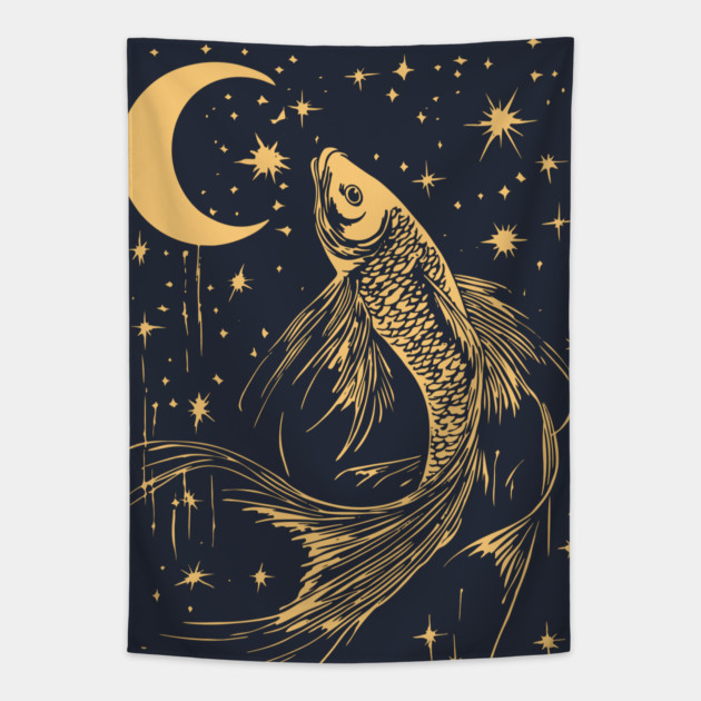 Celestial Goldfish Floating in the Night – Mystic Water Spirit Tapestry by TuncGK