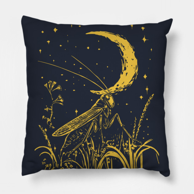 Mystical Grasshopper on the Crescent Moon – Night’s Whisper Pillow by TuncGK