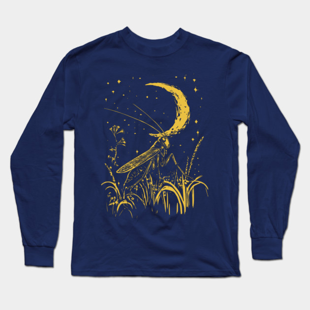 Mystical Grasshopper on the Crescent Moon – Night’s Whisper Long Sleeve T-Shirt by TuncGK