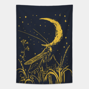 Mystical Grasshopper on the Crescent Moon – Night’s Whisper Tapestry