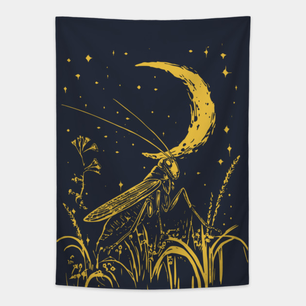Mystical Grasshopper on the Crescent Moon – Night’s Whisper Tapestry by TuncGK