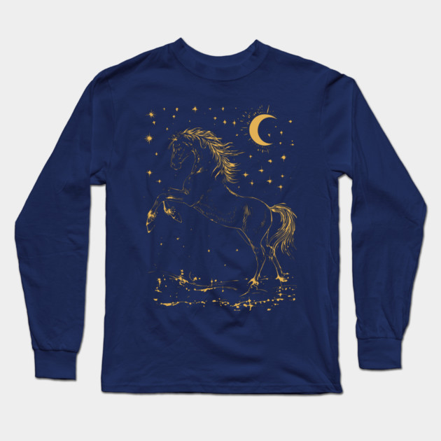 Celestial Horse in Motion – Wild Spirit Under the Stars Long Sleeve T-Shirt by TuncGK