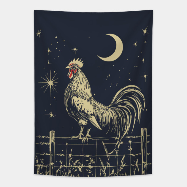 Celestial Rooster at Dawn – Mystical Sunrise Awakening Tapestry by TuncGK