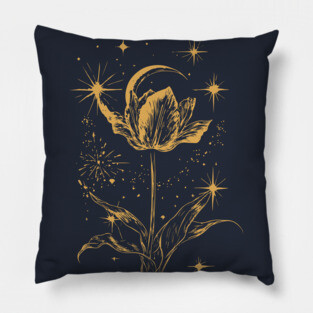 Golden Tulip Blooming Under the Moon – Ethereal Floral Art Pillow