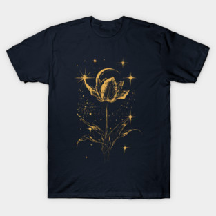 Golden Tulip Blooming Under the Moon – Ethereal Floral Art T-Shirt