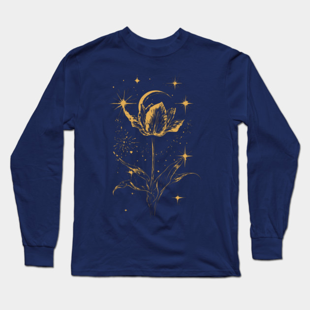 Golden Tulip Blooming Under the Moon – Ethereal Floral Art Long Sleeve T-Shirt by TuncGK