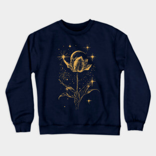 Golden Tulip Blooming Under the Moon – Ethereal Floral Art Crewneck Sweatshirt