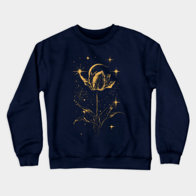 Golden Tulip Blooming Under the Moon – Ethereal Floral Art Crewneck Sweatshirt by TuncGK