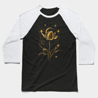 Golden Tulip Blooming Under the Moon – Ethereal Floral Art Baseball T-Shirt